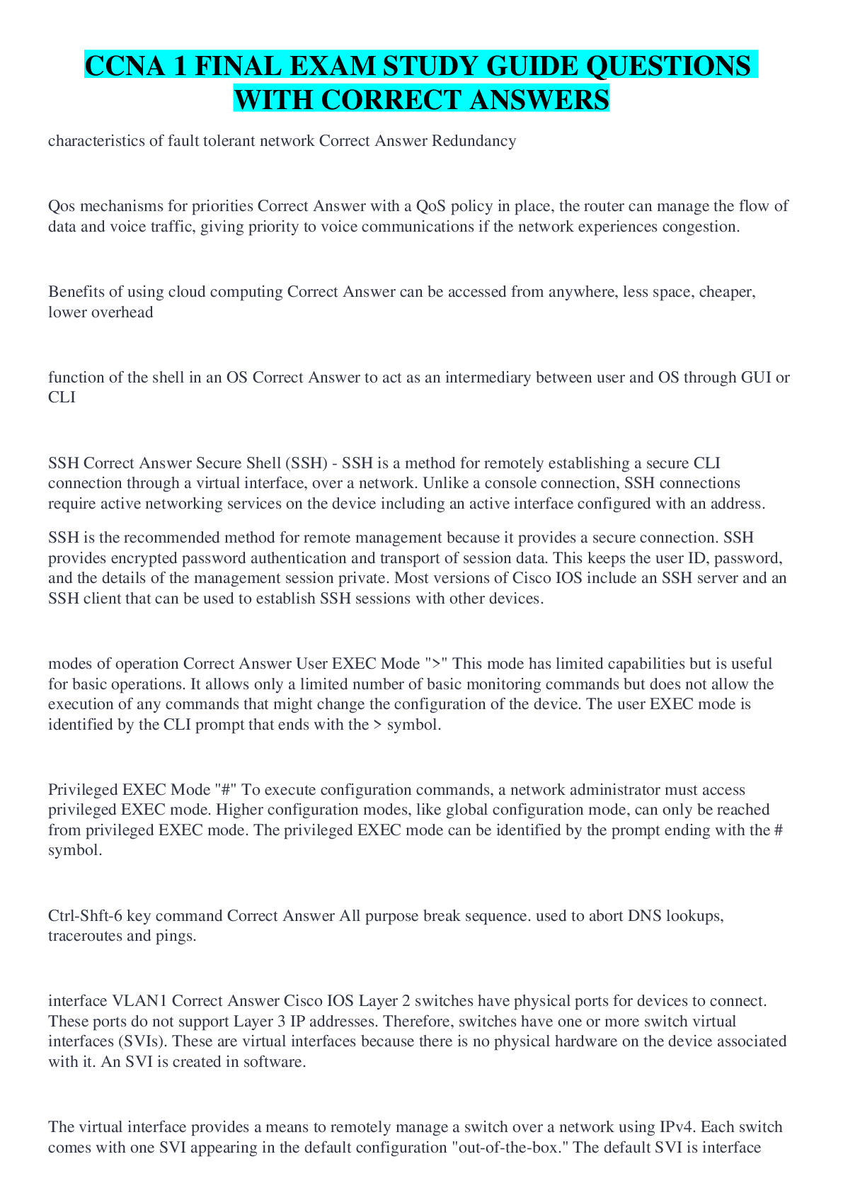 Preview image for CCNA 1 FINAL EXAM STUDY GUIDE QUESTIONS WITH CORRECT ANSWERS